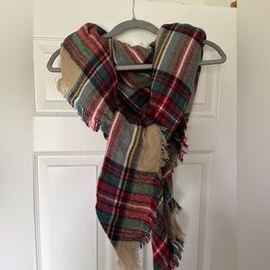 Plaid Fringed Scarf in Red, Green, and Tan